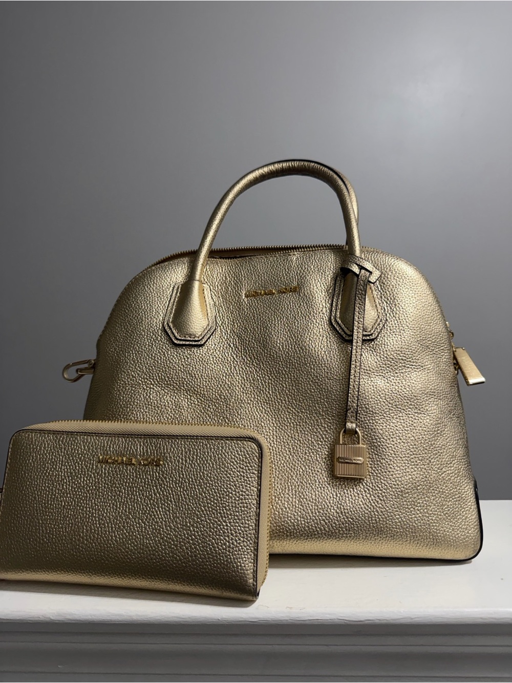 Michael Kors Metallic Gold Dome Satchel with Matching Wallet